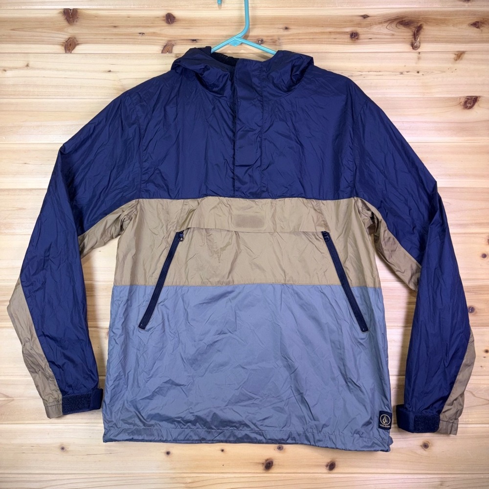 Volcom Jacket Mens Small Tri Color Pullover Hooded Windbreaker Rain Jacket